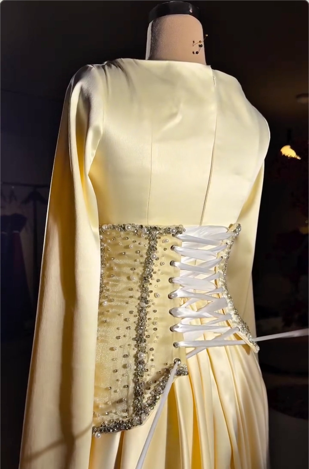 Cream Satin Maxi Dress with Beaded Corset Waist & Lace-Up Back