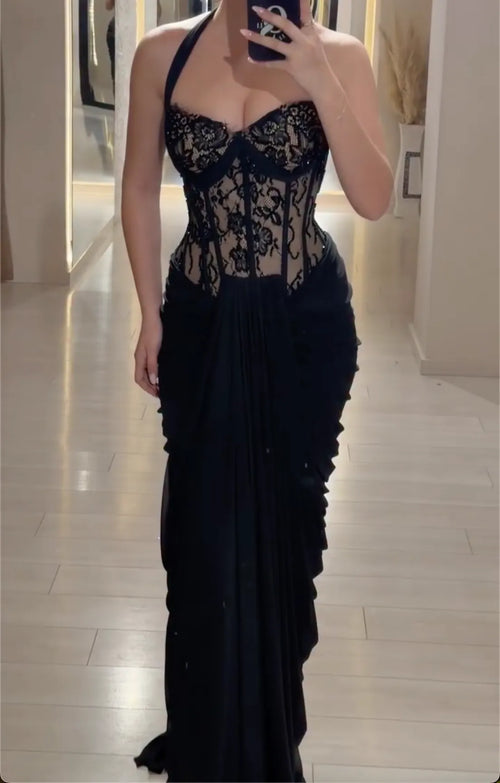 Black Halter Neck Lace Corset Maxi Dress - Ruched Chiffon Formal Evening Gown
