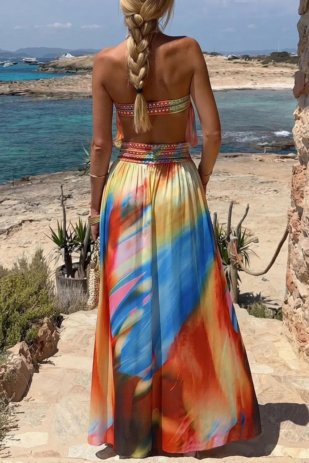 Tie Dye Print Strapless Cut Out High Slit Vacation Maxi Dresses-Multicolor