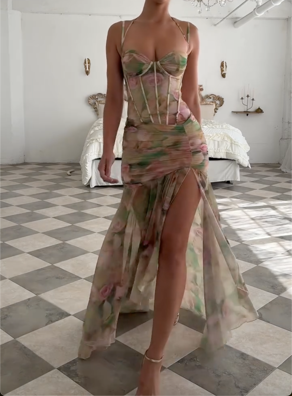 Floral Print Corset Midi Dress with Slit - Formal Evening Gown