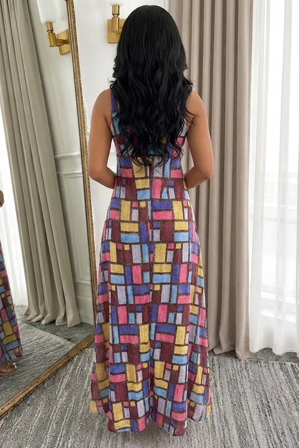 Colorblock Wide Strap Sleeveless Loose Fit Casual Maxi Dresses-Multicolor