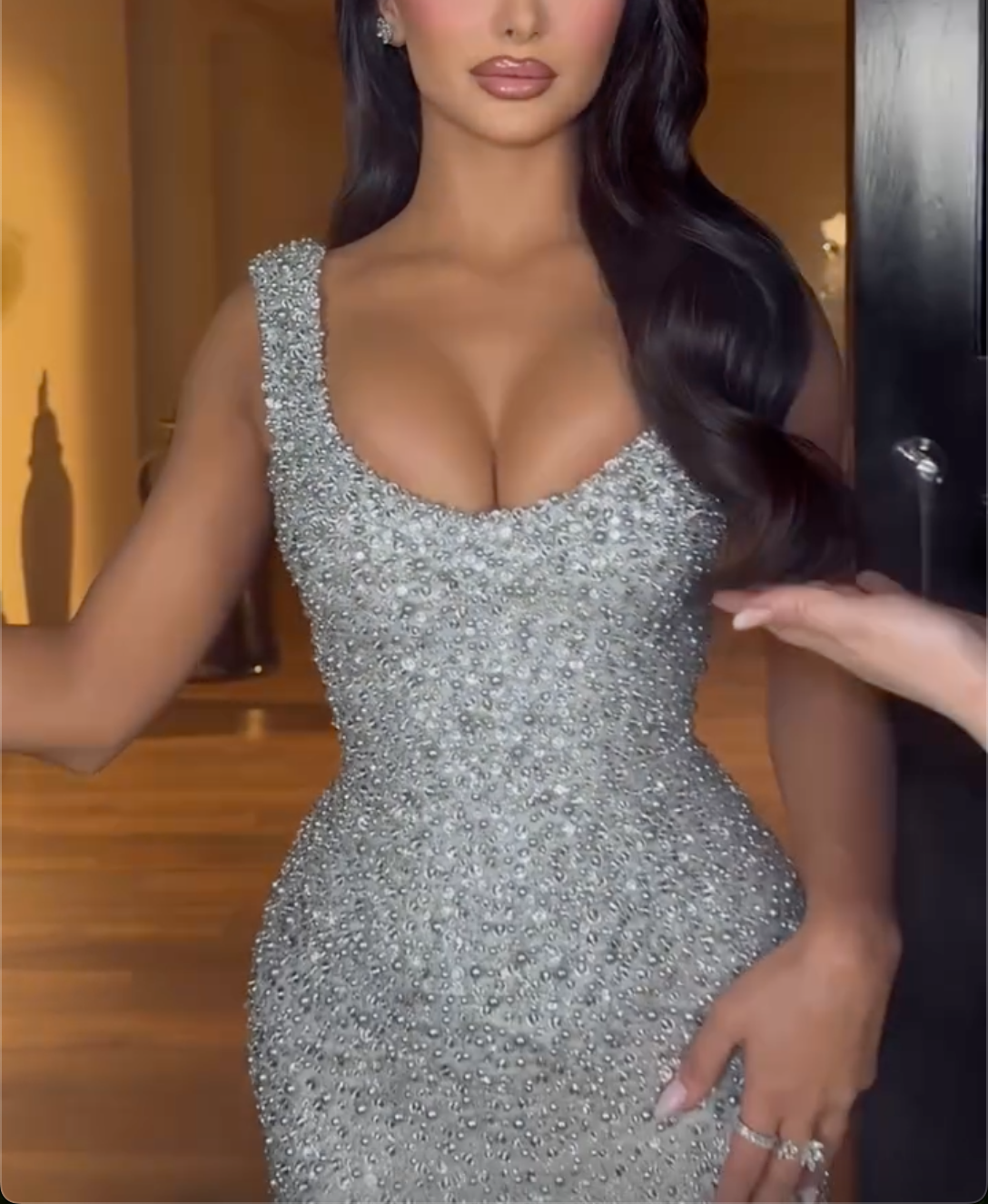 Silver Beaded Sleeveless Maxi Dress with Deep V Neck