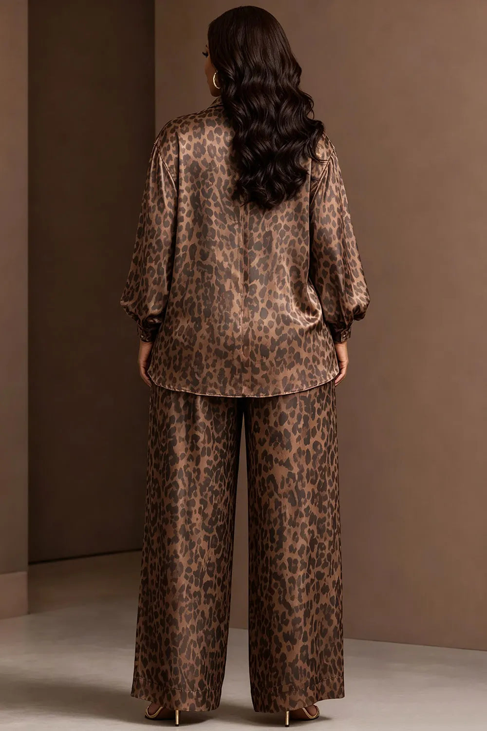 Business Casual Brown Leopard Shirt Collar Long Sleeve Pocket Wide Leg Two Piece Pant Sets [Pre-Order]