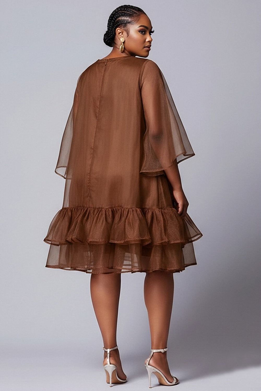 Party Elegant Purple Round Neck Flare Short Sleeve Ruffle Organza Midi Dresses