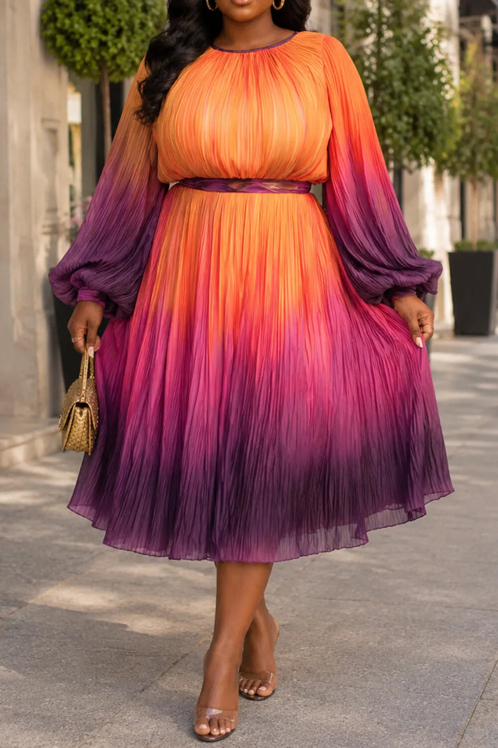Churchs Orange Gradient Round Neck Puff Sleeve Long Sleeve Pleated Chiffon Midi Dresses [Pre-Order]