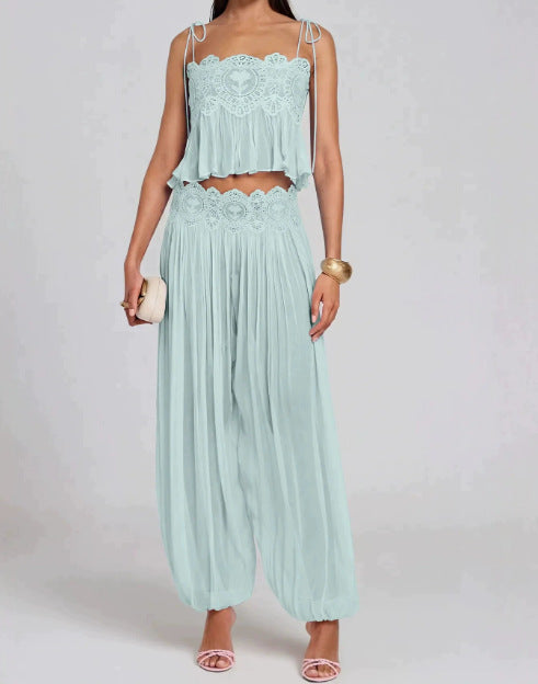 Bohemian Lace Trim Cami Top & Pleated Lantern Pants Set