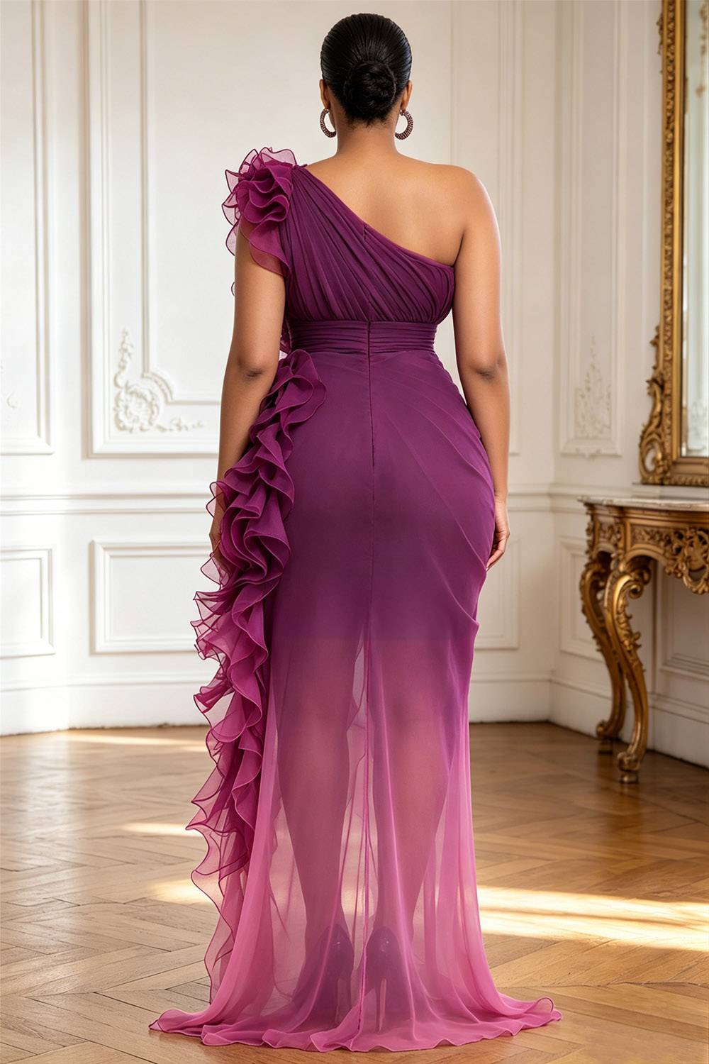 Cocktail Party Purple Gradient One Shoulder Ruffle Split Chiffon Maxi Dresses [Pre-Order]