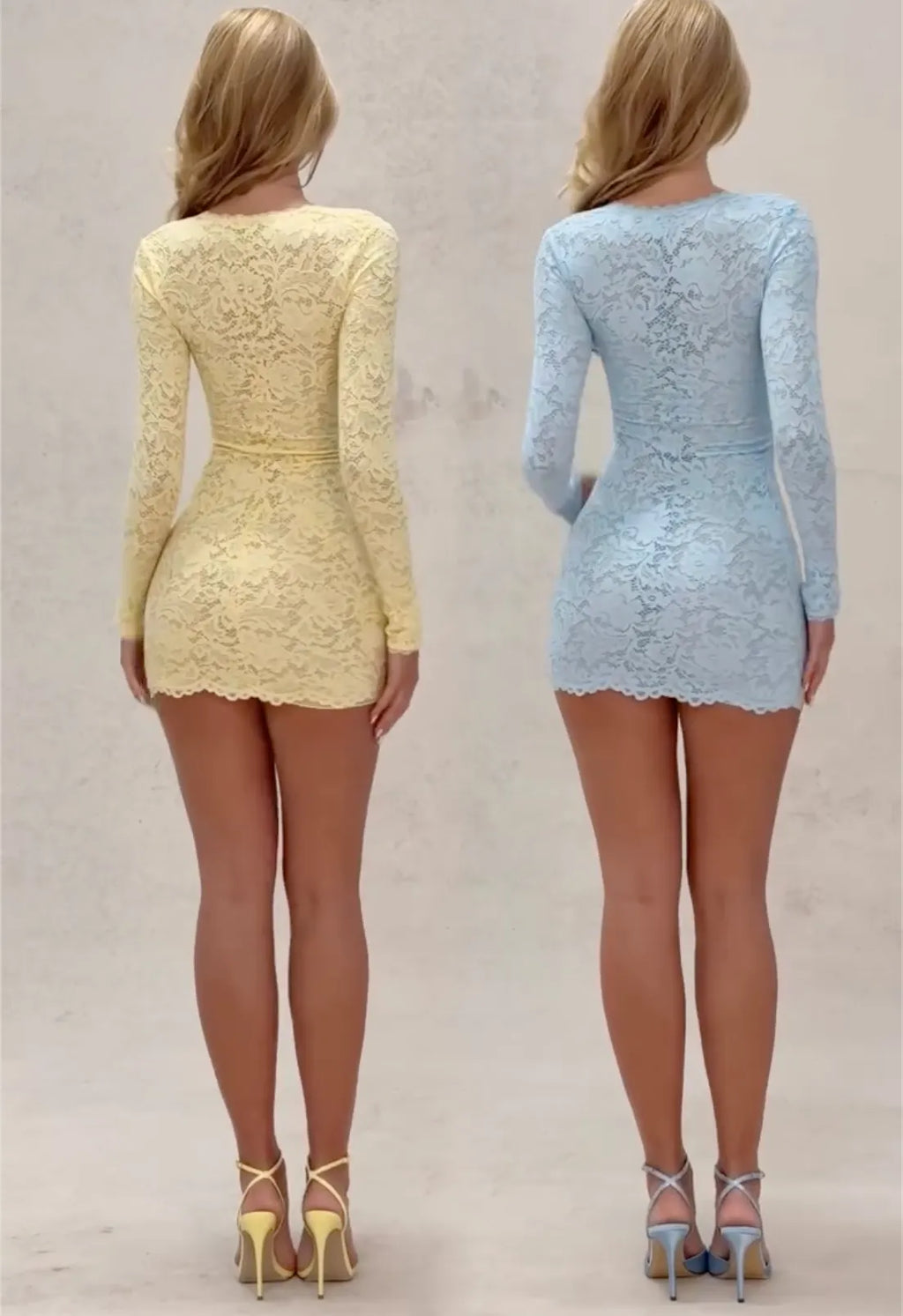 2-Color Long-Sleeve Lace Mini Dresses - Yellow / Light Blue Formal Party Gowns
