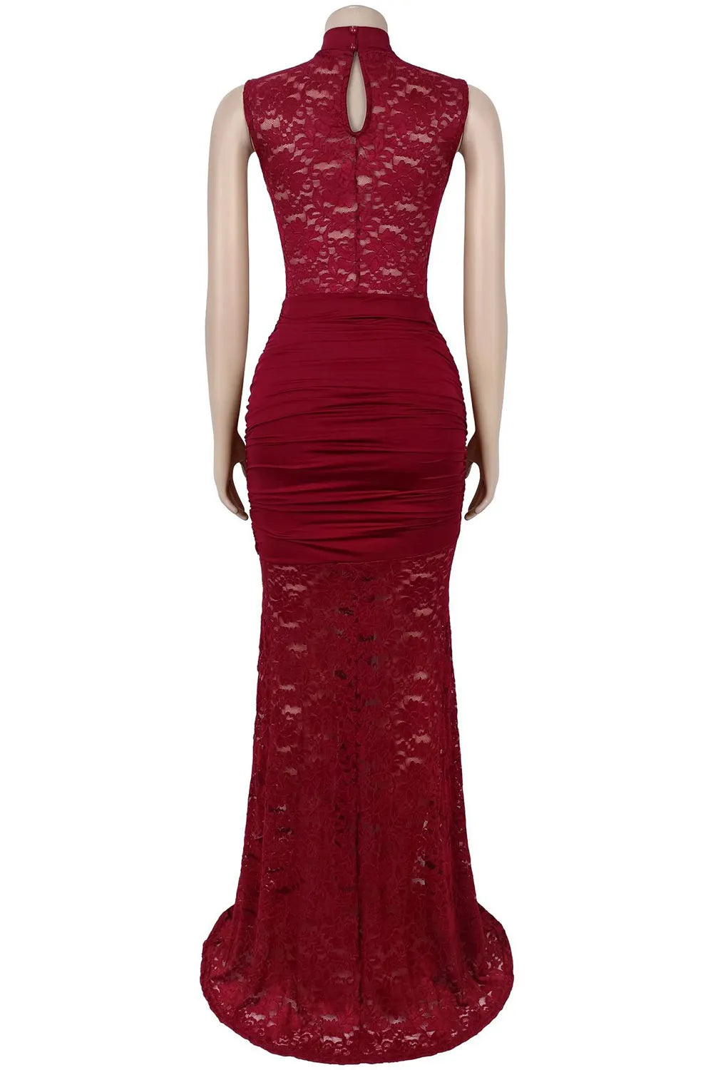 Lace Sleeveless Chest Cut Out Slit Slim Evening Gowns Maxi Dresses-Burgundy