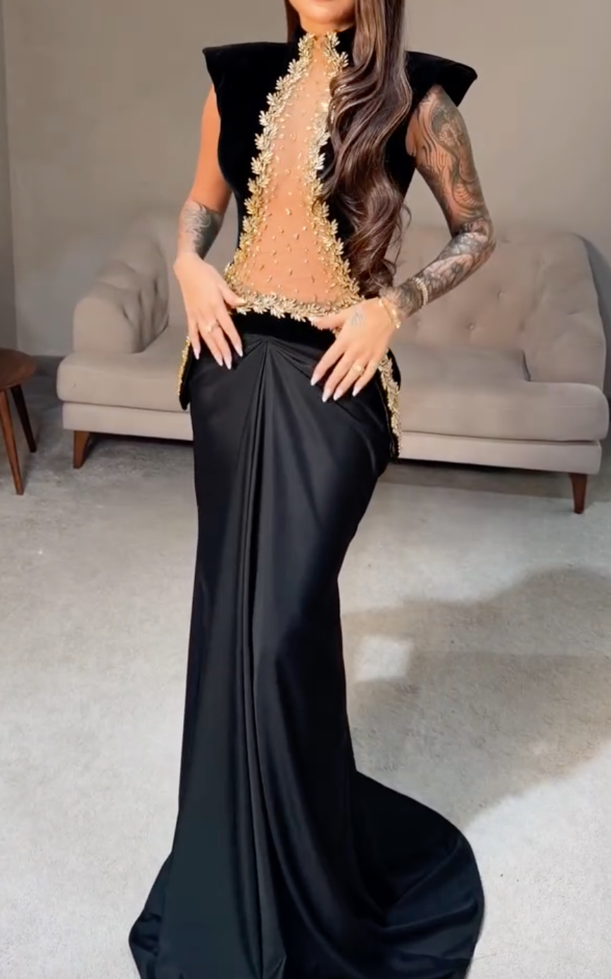 Black & Gold Beaded Sheer Mermaid Maxi Dress