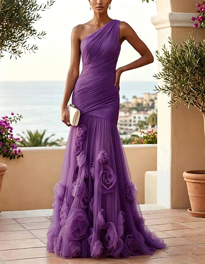 Solid Color One Shoulder 3D Floral Mesh Fishtail Maxi Dress