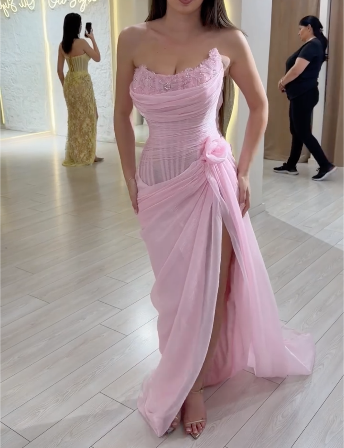 Pink Strapless Ruched Tulle Maxi Evening Gown - Corset Bodice with Floral Detail & High Slit