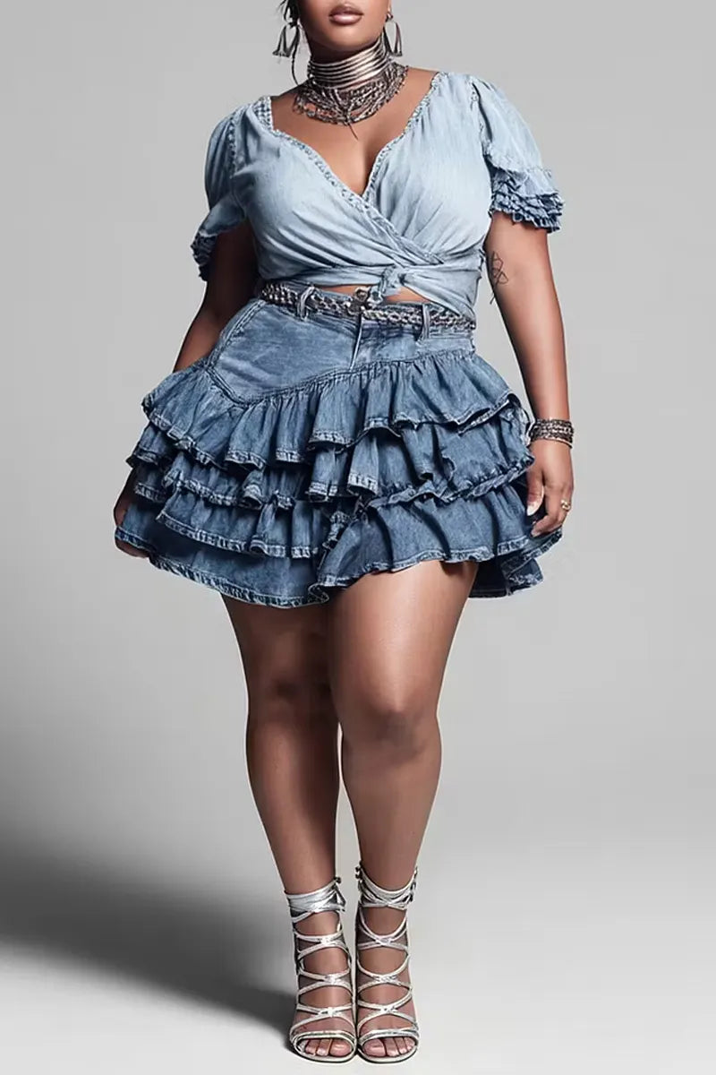 Women High Waist Multi Layer Ruffle Tiered Mini Denim Skort