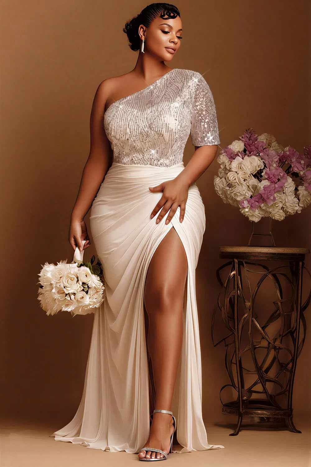 Wedding Ivory One Shoulder Split Drilling Satin Maxi Dresses