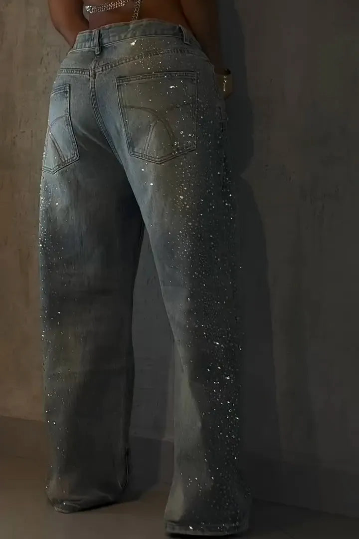 Fashion Rhinestone Washed Wide Leg Jeans