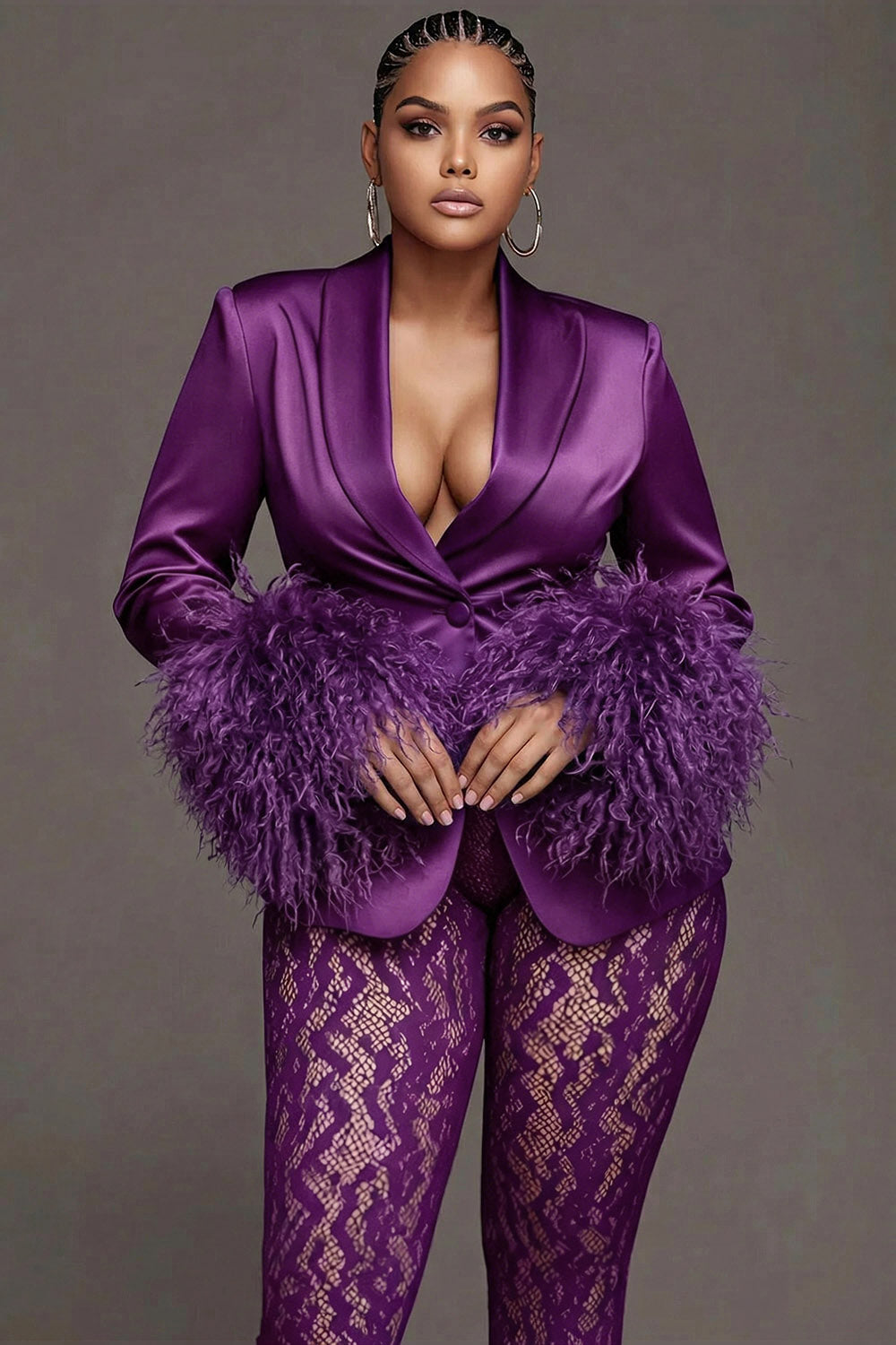 Mardi Gras Lace Purple Lapel Collar Long Sleeve Feather See Through Satin Two Piece Pant Suits