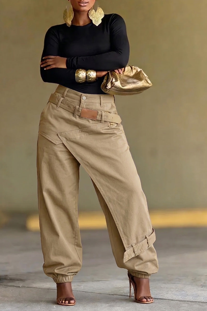 Women Oversized Asym Overlay Cargo Joggers Leather Patch Waistband Elastic Cuff Baggy Pants