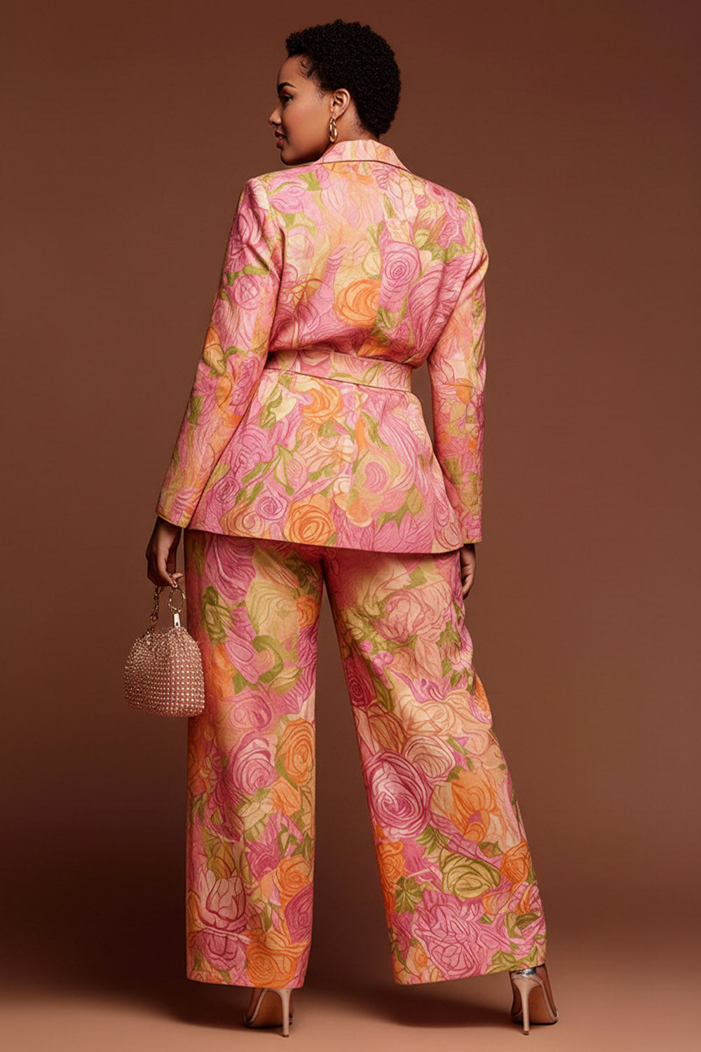 Pink Floral Turndown Collar Long Sleeve Pocket Satin Two Piece Pant Suits