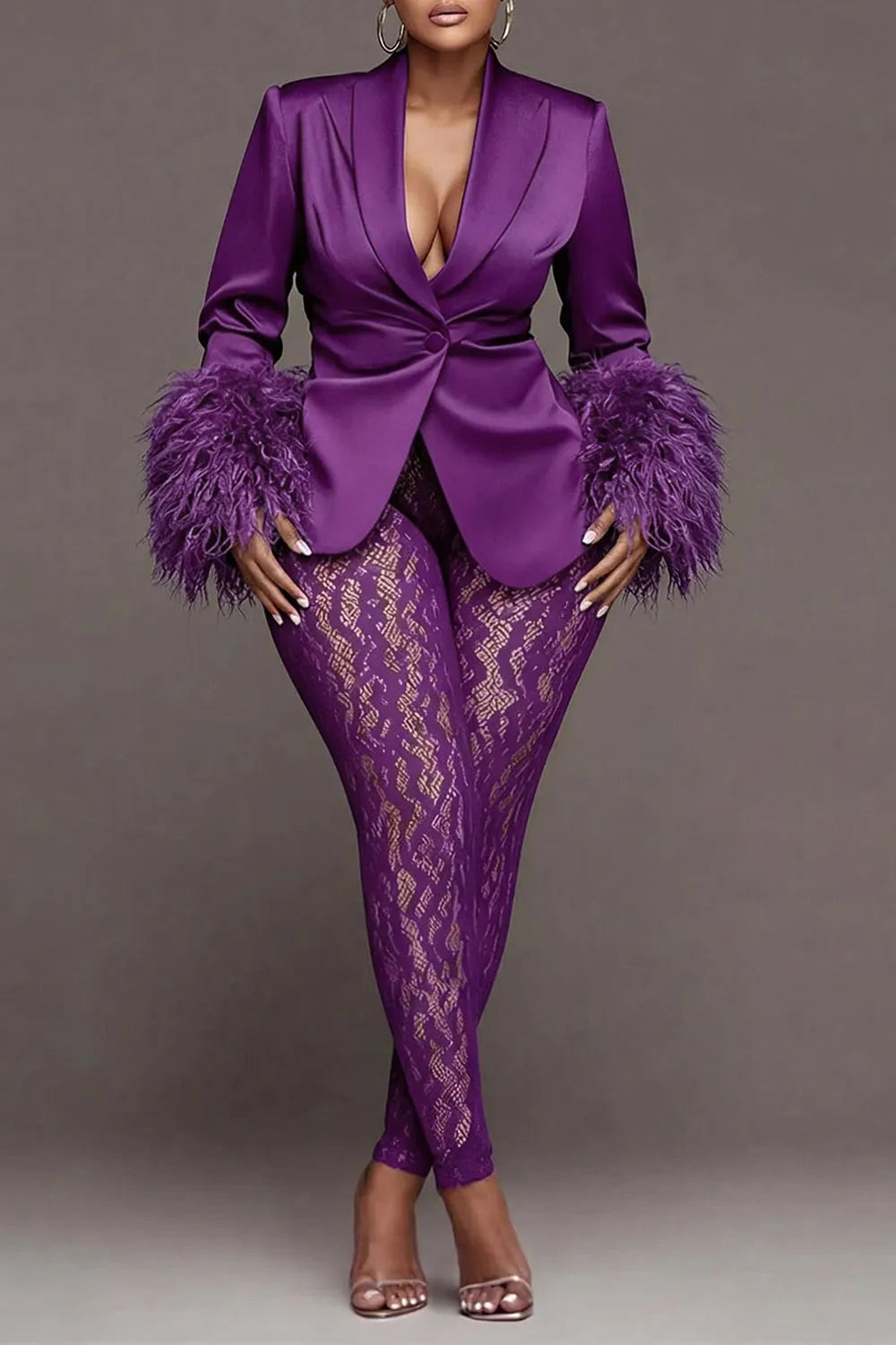 Mardi Gras Lace Purple Lapel Collar Long Sleeve Feather See Through Satin Two Piece Pant Suits