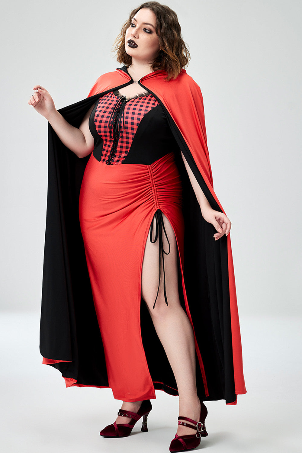 Halloween Costume Red Cosplay Cloak Lace Up Knitted Maxi Dress(Ships 24h)