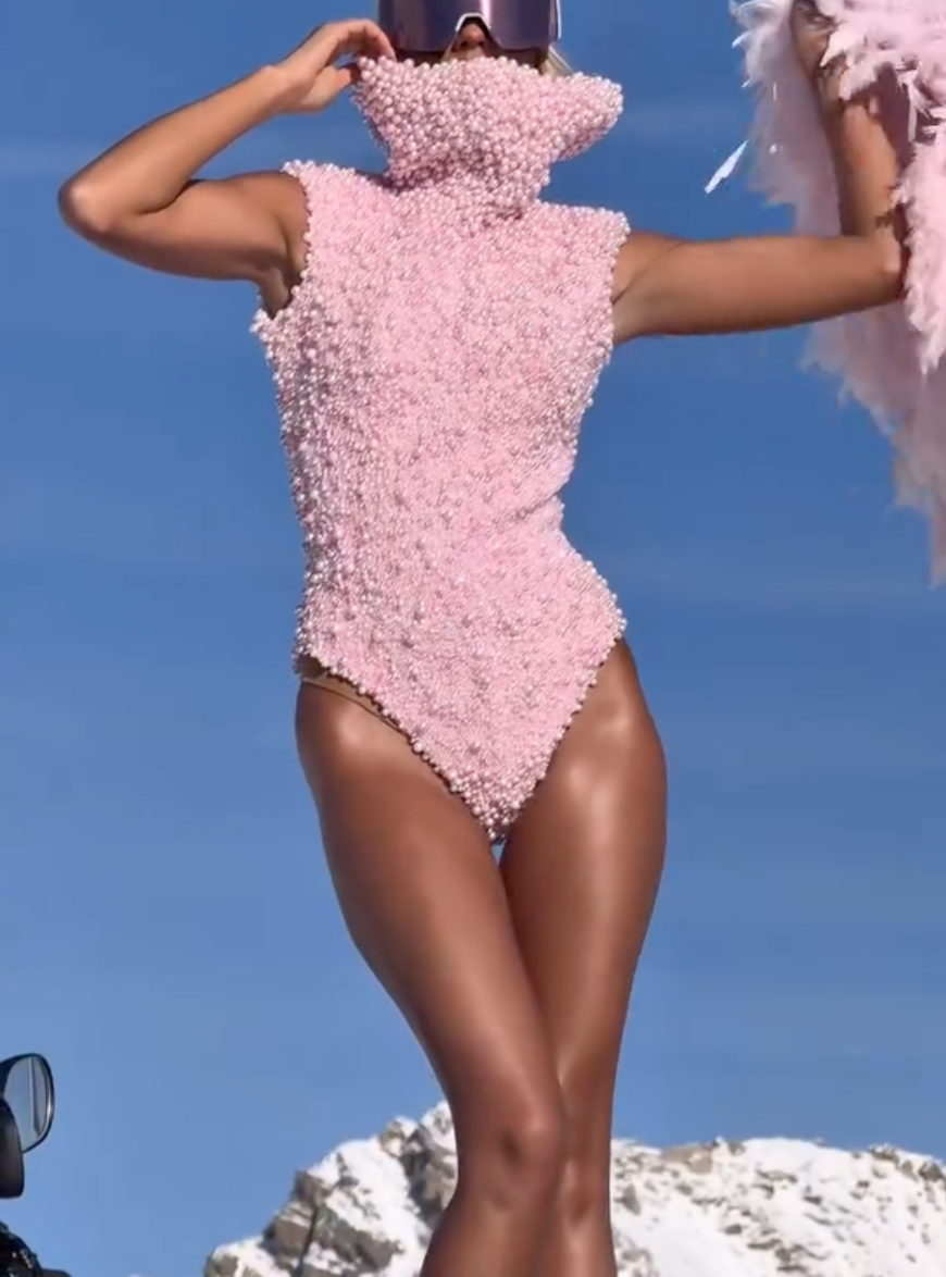 Blush Pearl Beaded Turtleneck Sleeveless Bodysuit