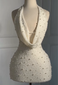 White Pearl and Bead Embellished Halter Neck Mini Dress with Cowl Neck - Formal Party Gown