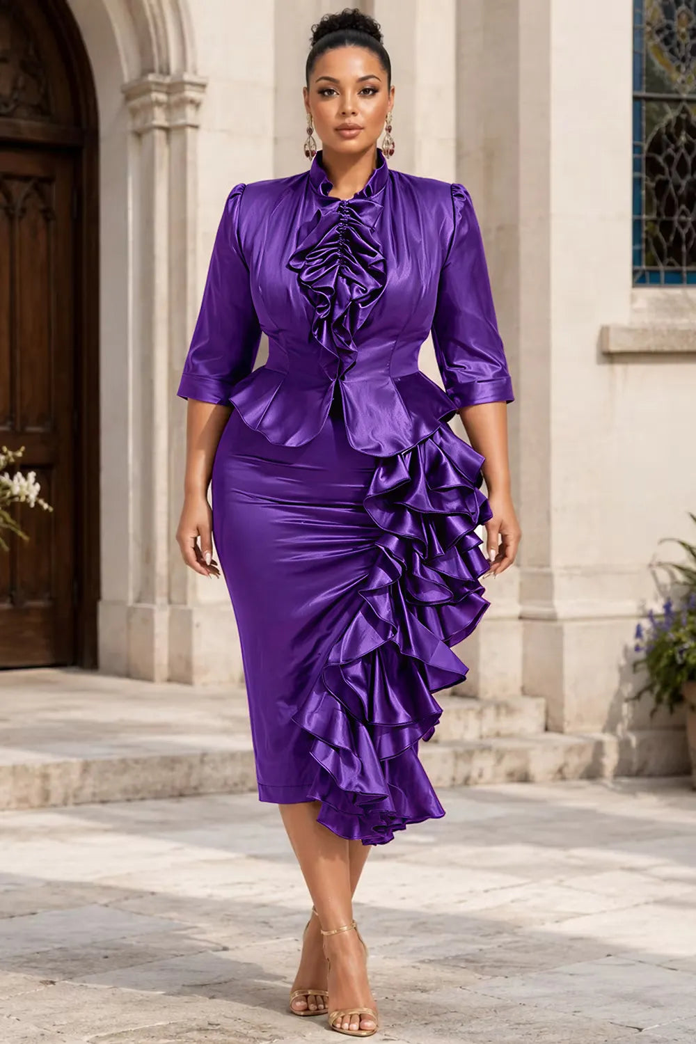 Wedding Guest Purple Mock Neck Half Sleeve Ruffle Split Satin Two Piece Skirt Sets [Pre-Order]
