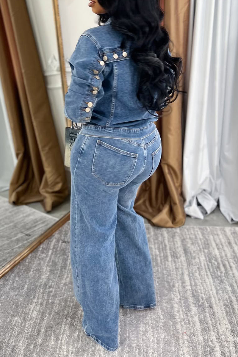 Women's Stylish Denim Suit with Multiple Buttons and A Lapel Collar