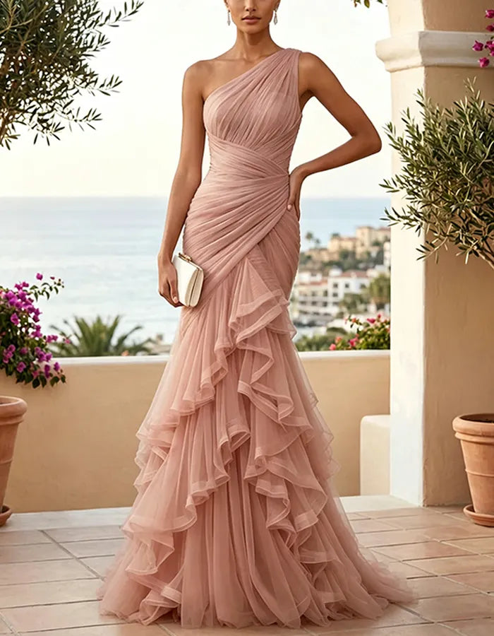 One-Shoulder Draped Tulle Mermaid Gown Maxi Dress