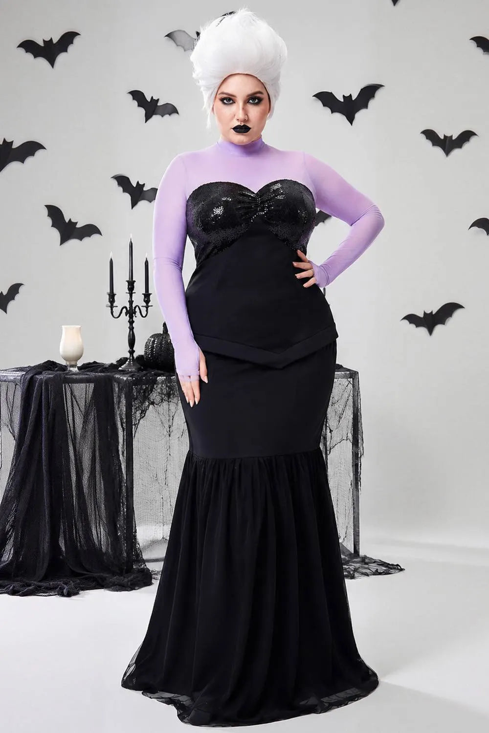 Halloween Costume Black Cosplay Mesh Long Sleeve Sequin Knitted Maxi Dress(Ships in US)
