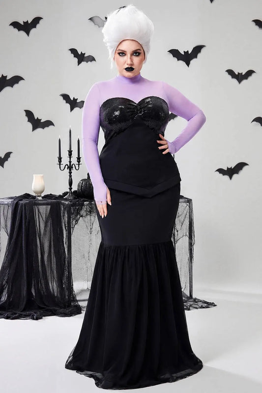 Halloween Costume Black Cosplay Mesh Long Sleeve Sequin Knitted Maxi Dress(Ships in US)