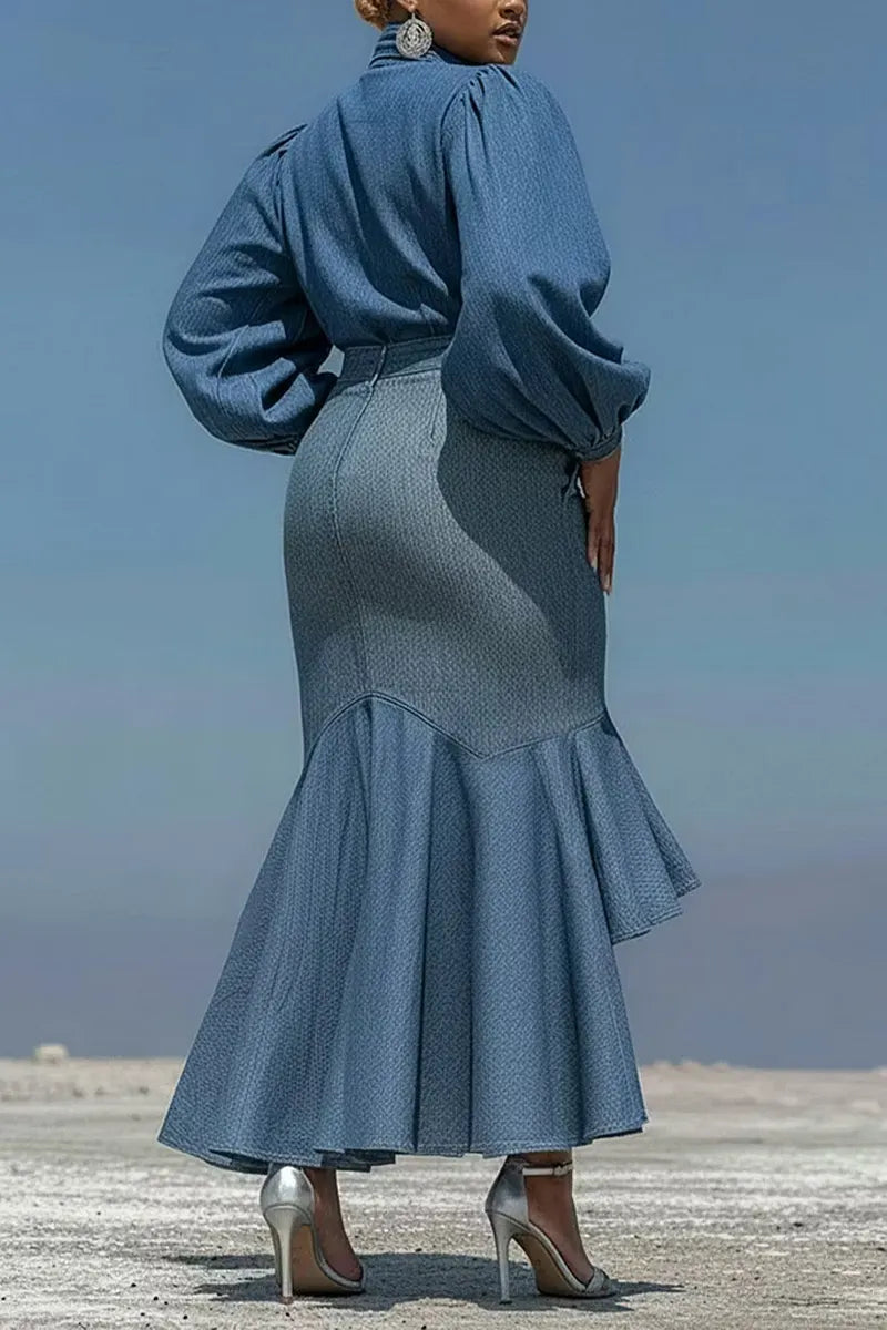 Women's Casual High Neck Oversized Bow Puff Long Sleeve Cropped Denim Blouse Or High Waist 3D Rose Floral Applique Side Slit Ruffle Mermaid Denim Skirt