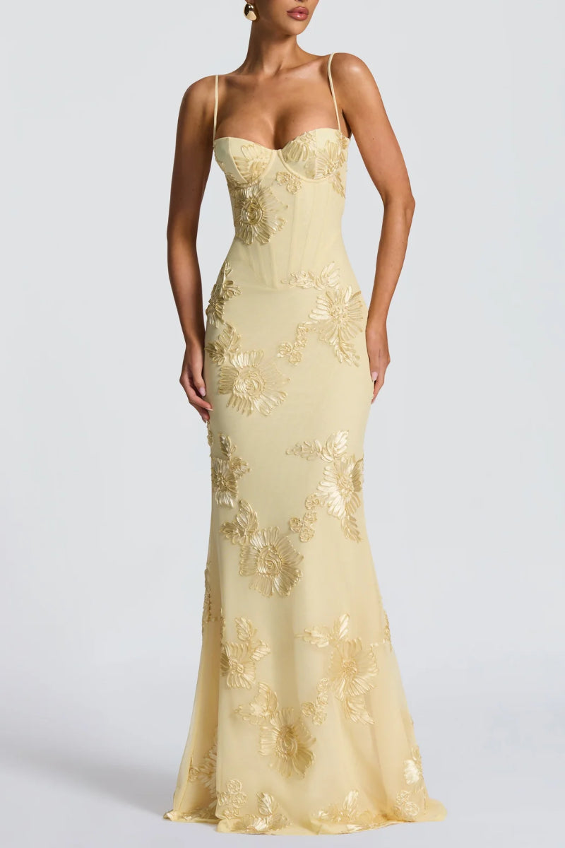 Yellow 3D Floral Mermaid Maxi Dress