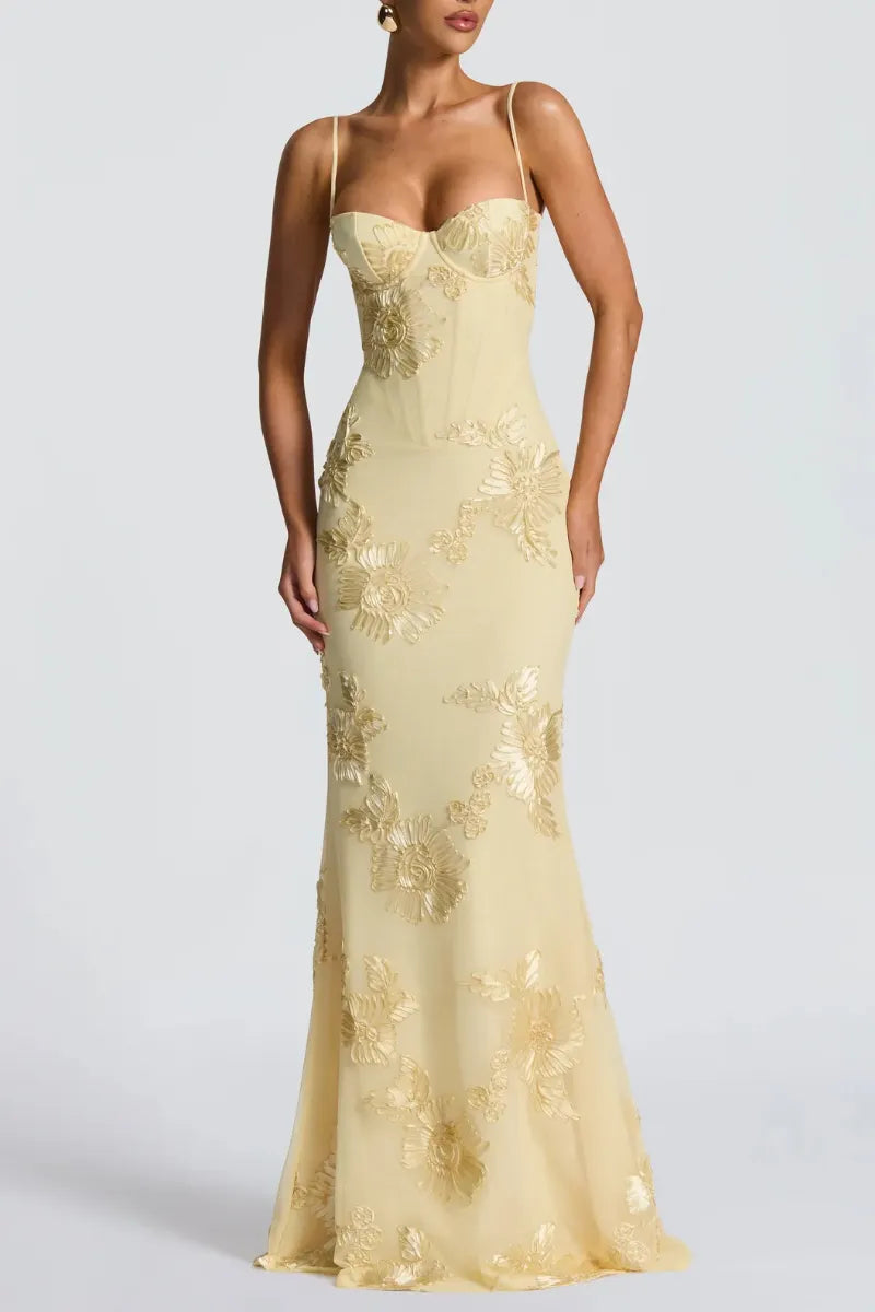 Luminous Golden Floral Embroidered Sweetheart Evening Gown