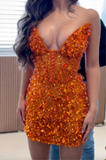Orange Beaded Mini Dress with Deep V-Neck & Strapless Design