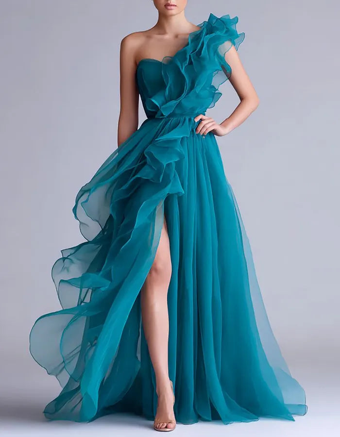 Lake Blue Chiffon One-Shoulder Ruffled Midi Dress