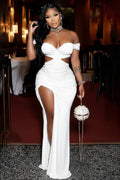 Off Shoulder Cut Out Ruched High Slit Gowns Maxi Dresses-White