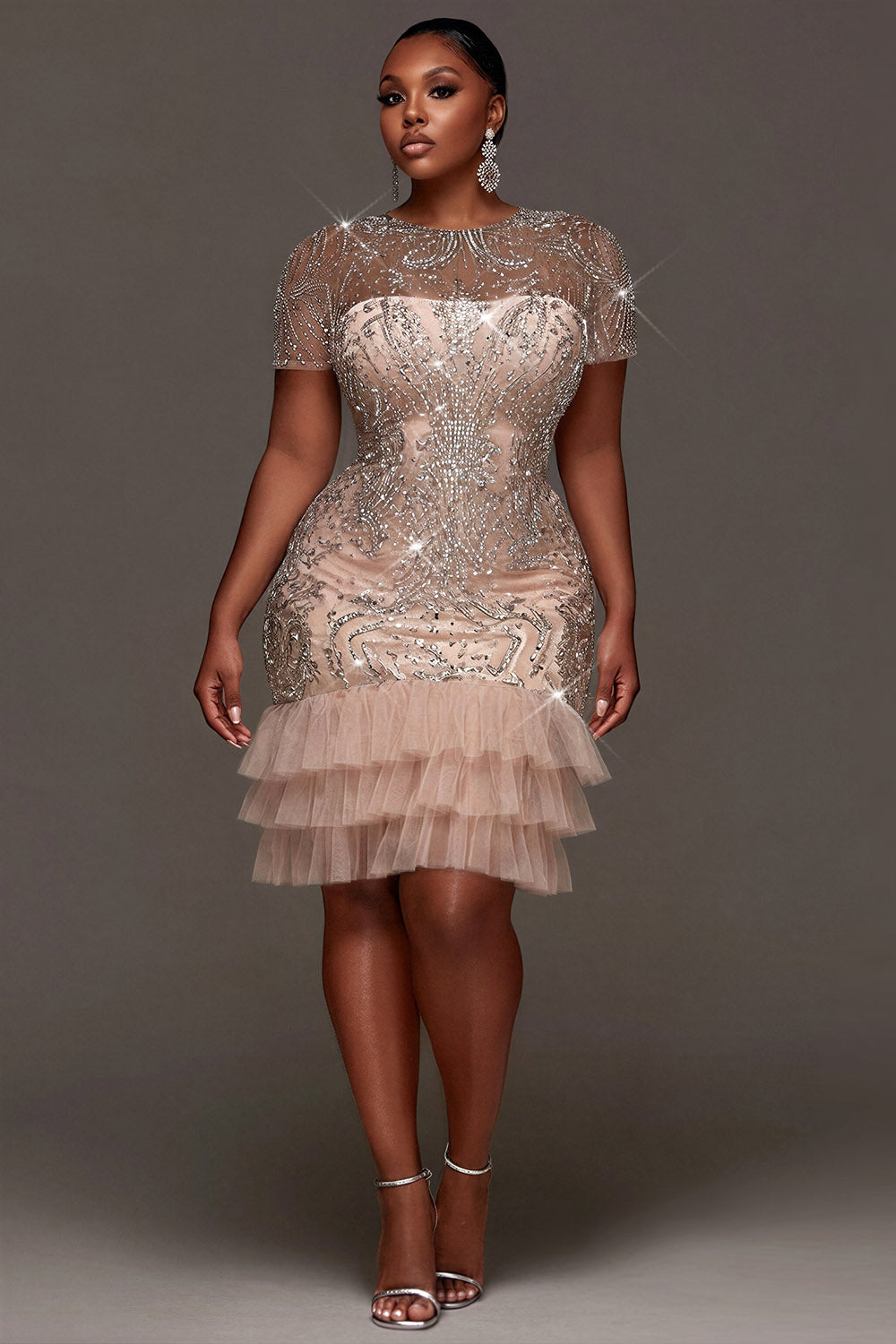 Party Elegant Tulle Pink Round Neck Short Sleeve Ruffle See Through Sequin Mini Dresses