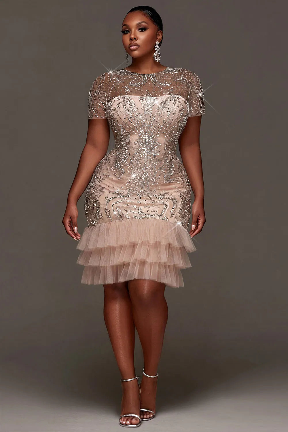 Party Elegant Tulle Pink Round Neck Short Sleeve Ruffle See Through Sequin Mini Dresses