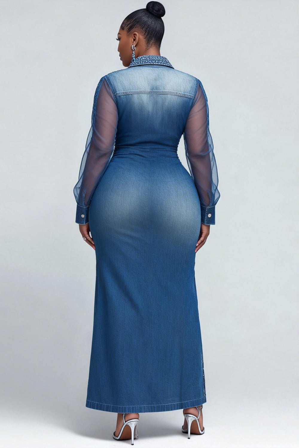 Party Blue All Over Print Shirt Collar Long Sleeve Button Casual See Through Maxi Dresses