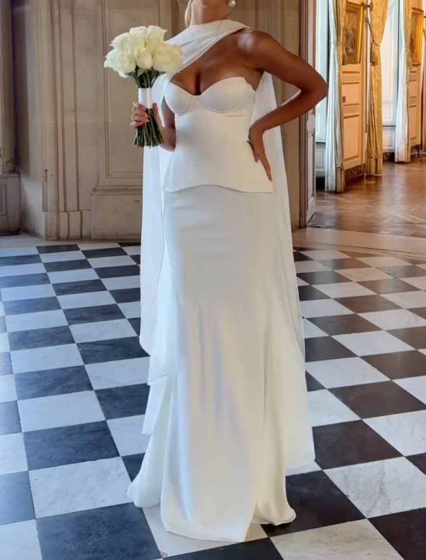 White Sweetheart Neck Satin Corset Top Mermaid Skirt Wedding Dress With Flowing Chiffon Cape