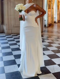 White Sweetheart Neck Satin Corset Top Mermaid Skirt Wedding Dress With Flowing Chiffon Cape