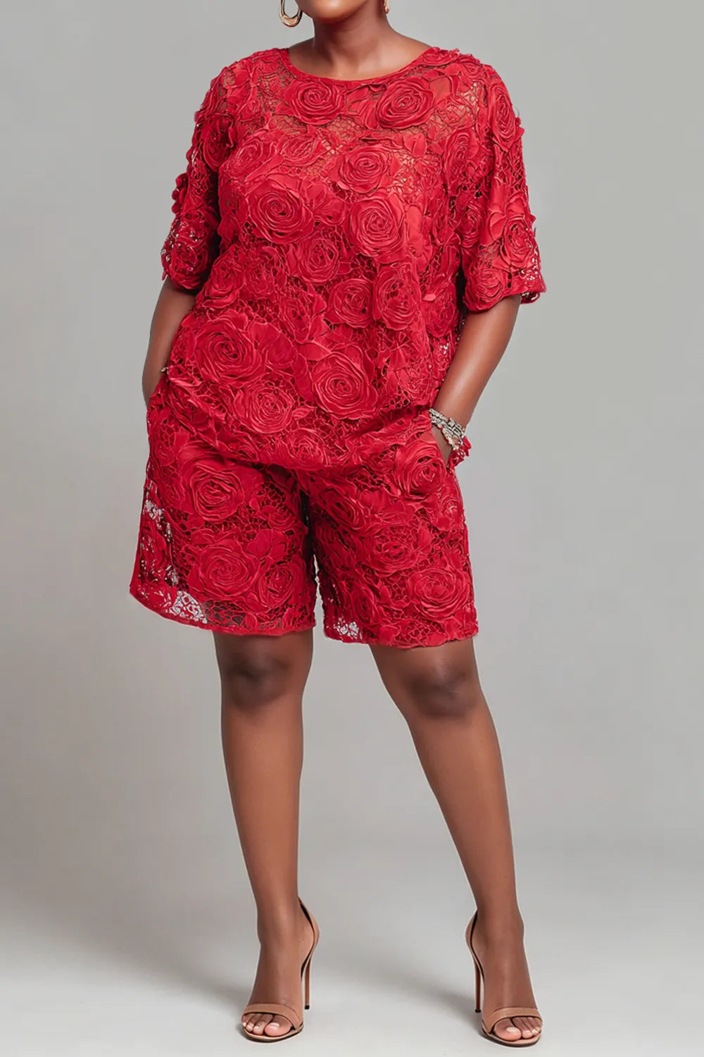 Party Red Round Neck Short Sleeve Pocket See Through Lace Two Piece Short Sets