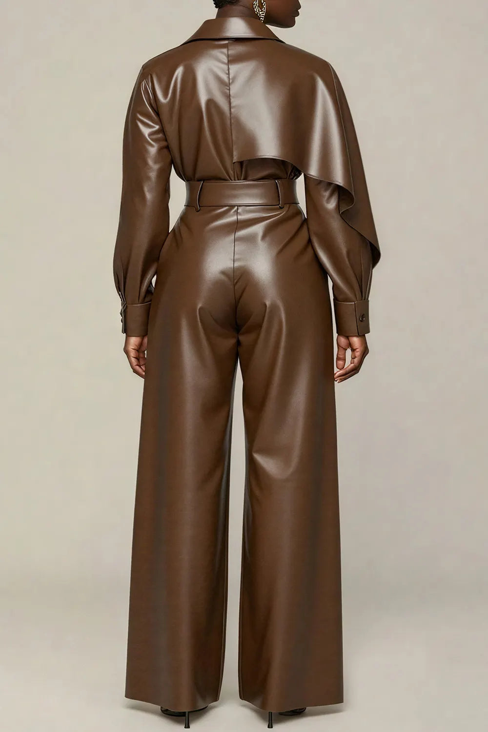 Plus Size Daily Brown Shirt Collar Long Sleeve Pocket Vintage PU Leather Two Piece Pant Sets