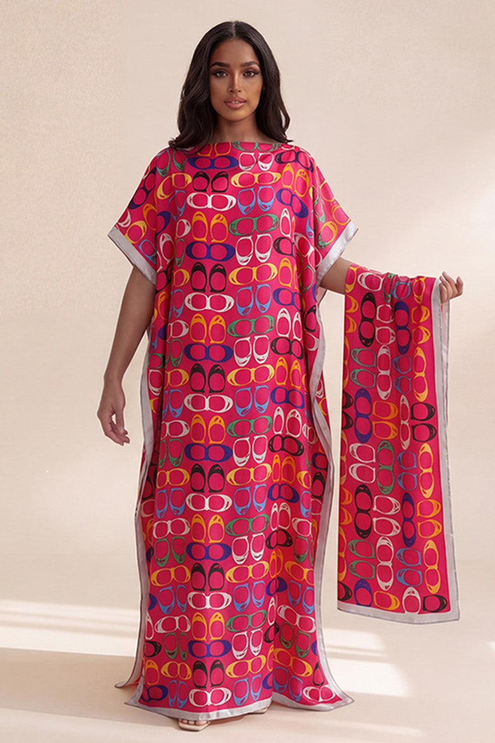Geometric Print Scarf Side Slit Kaftan Maxi Dresses Vacation 2pcs Set-Fuchsia