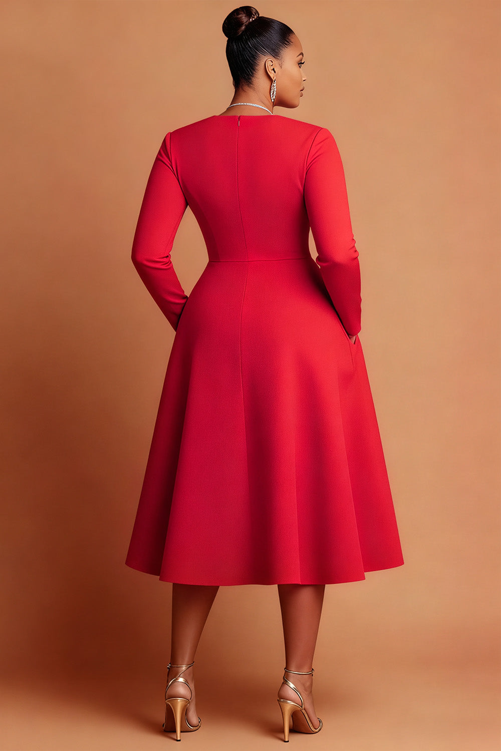 Cocktail Party Red V Neck Long Sleeve Pocket Elegant Drilling Midi Dresses