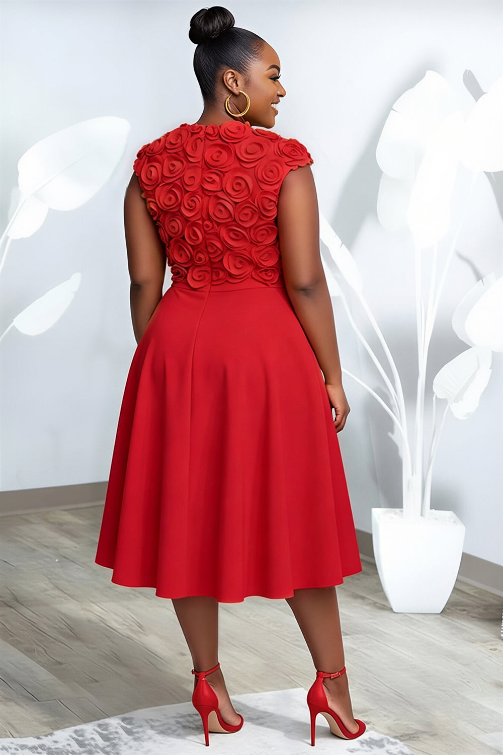 Cocktail Party Yellow Round Neck 3D Pocket Midi Dresses