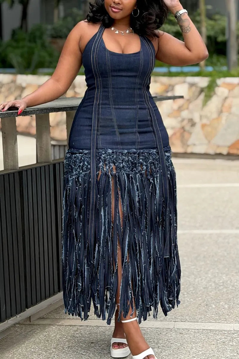 Women's Casual Denim Fringe Hem Halter Dress