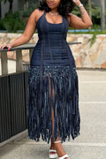 Women's Casual Denim Fringe Hem Halter Dress