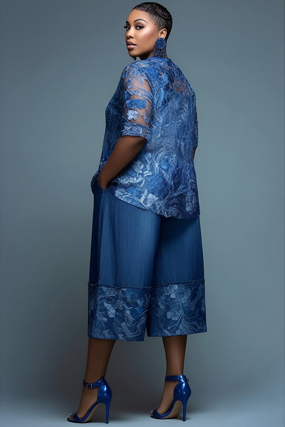 Xpluswear Design Plus Size Daily Lace Blue Round Neck Short Sleeve Contrast Pocket Tencel Denim Two Piece Short Sets